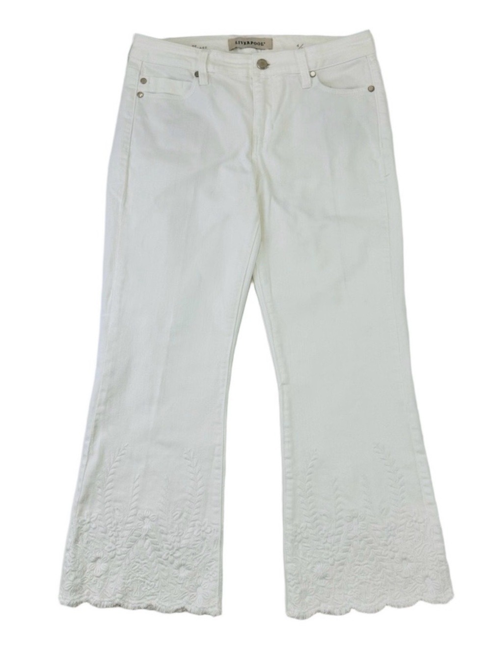 Liverpool Embroidered Crop Flare Jeans Size 4 Mid Rise Stretch Denim Floral Hem